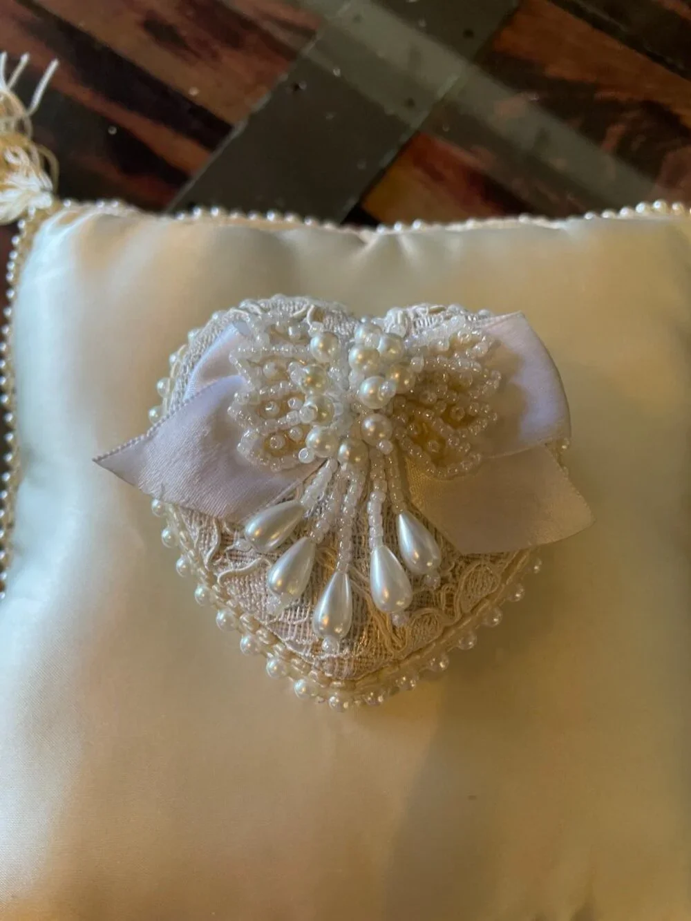 Vintage Ivory Satin Wedding Ring Bearer Pillow